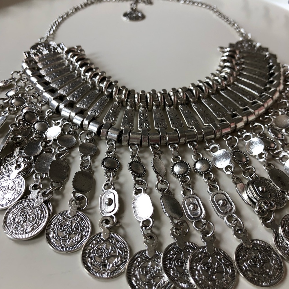 Silver coin statement necklace